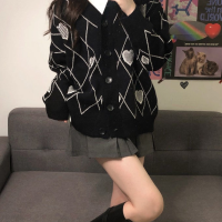 Argyle Heart Pattern Jacquard Knitted Cardigan Sweater V-neck Long Sleeve Loose Casual Coat 2021 Fall Winter Vintage Chic Tops