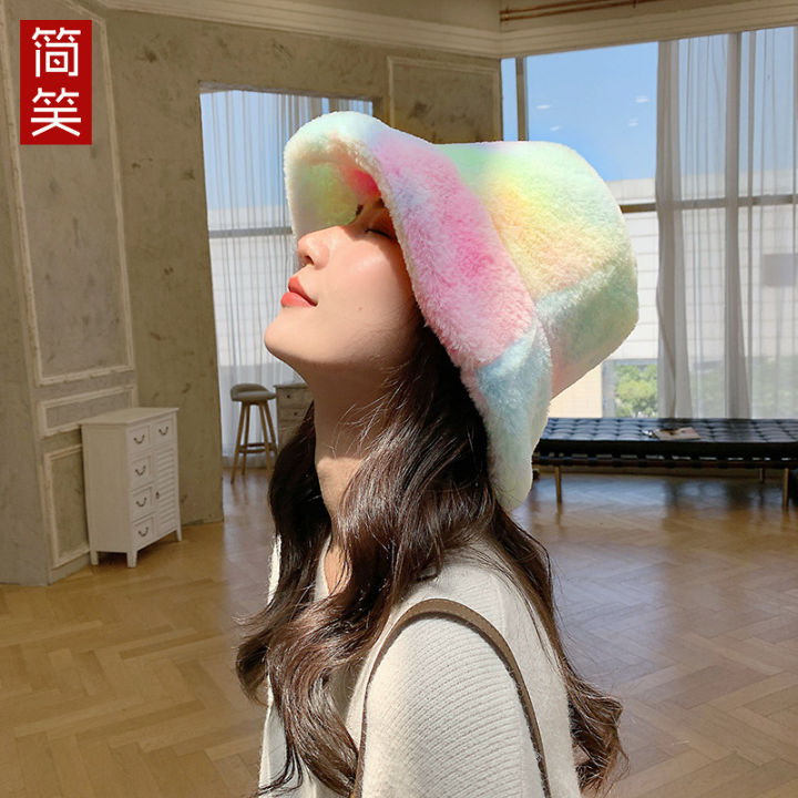 ฤดูใบไม้ร่วงและฤดูหนาวผู้หญิงหมวกชาวประมงเกาหลีมัดย้อมสีรุ้งตุ๊กตาแฟชั่นฤดูหนาวหมวกอุ่นหมวกน้ำ