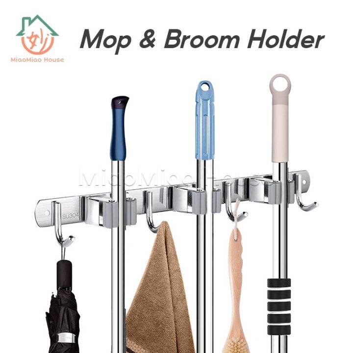 Mop Broom Holder Wall Mount Heavy Duty with 3 Racks 4 Hooks Mop and Broom Hanger Storage
