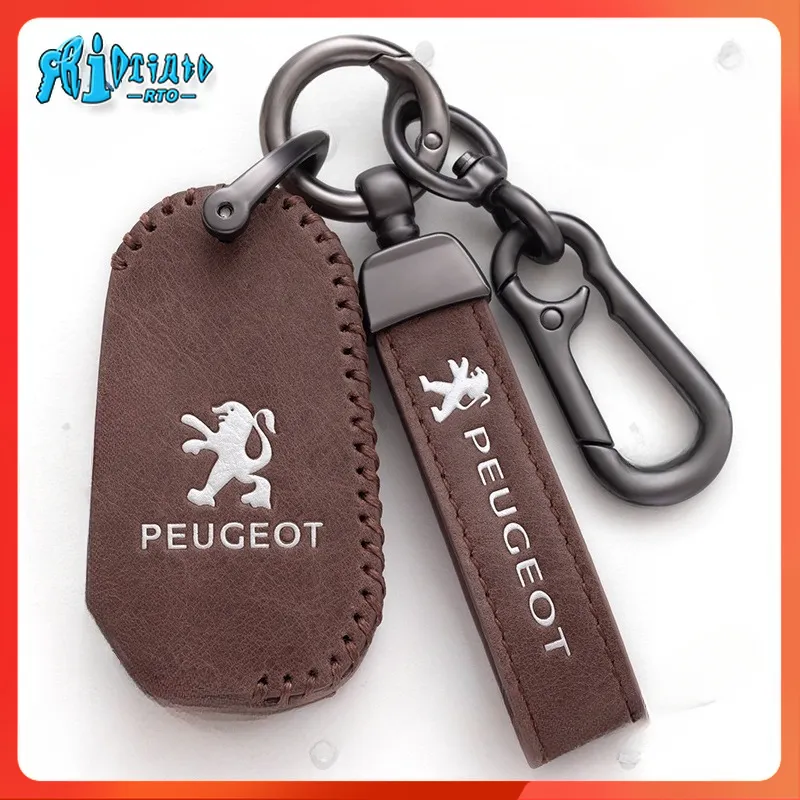 RTO Leather Smart Remote Fob Car Key Case Cover Holder Shell Zine Alloy Keychain  For Peugeot