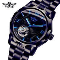 ZZOOI Winner Top Brand Blue 3D Design Transparent Skeleton Dial Hollow Mens Watch Luxury Automatic Fashion Mechanical wrist watch