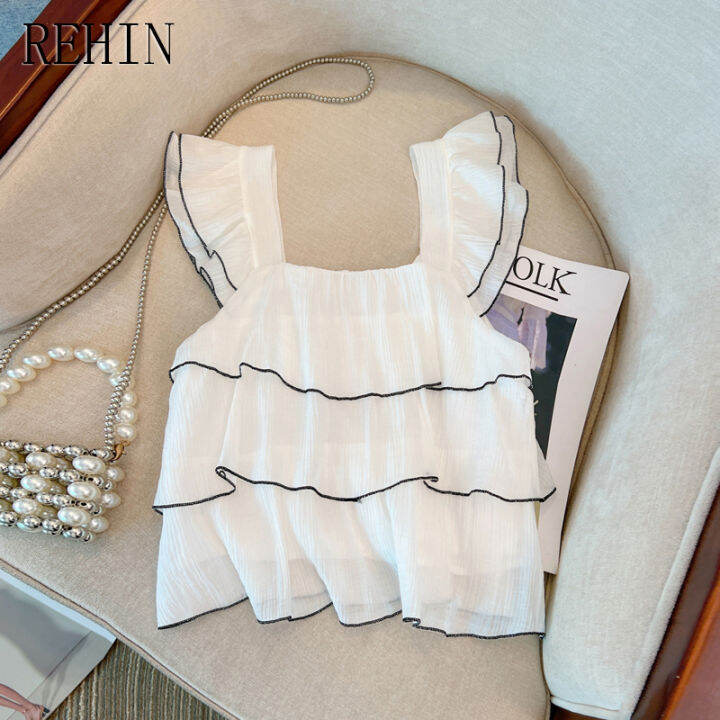 rehin-เสื้อเบลาส์แขนสั้นผู้หญิง-เสื้อการออกแบบที่ไม่เหมือนใครสไตล์ฝรั่งเศสปกหลายชั้นแต่งระบายชิคแขนสั้นฤดูร้อน