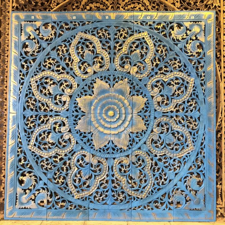 ฉากไม้วินเทจ-ไม้สักฉลุ-ขนาด-150-cm-ไม้สักแกะสลัก-สำหรับติดผนัง-แยก-5-ชิ้น-ฝ้าเพดานไม้สัก-วอลเปเปอร์ไม้สัก-สีฟ้าขัดสี-blue-wallpaper-teak-wood-carved