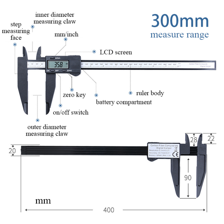 หน้าจอการพับภาพความสว่างสูงคาร์บอนพลาสติก-pa66เครื่องวัดอิเล็กทรอนิกส์ยาวขนาดใหญ่200-300คาลิเปอร์ดิจิตัลช่วงการวัดขนาดใหญ่0-1มม-ความละเอียดเวอร์เนียคาลิปเปอร์ไม้บรรทัด
