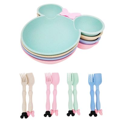 3pcs Wheat Straw Baby Cartoon Tableware Set Childrens Dishes Kids Dinner Platos Baby Feeding Plate Training Bowl Spoon Fork