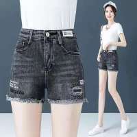 ผู้หญิง Celana Pendek Denim ผ้าฝ้าย Breathable เอวสูงล้าง Denim ปัก Hem ออกแบบดิบ Edge Casual Celana Pendek Slim Fit