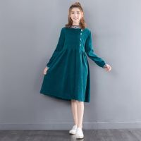 New Mori Girl Autumn Spring Women Dress Round Neck Floral Vintage Dress Elegant Corduroy Green Long Sleeve Vestidos Femininos