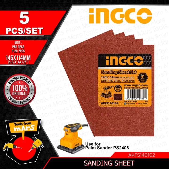 INGCO 5 PCS/SET Sandpaper Sanding Sheet Set for Palm Sander PS2408