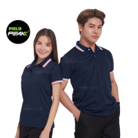 เสื้อโปโลสีกรมท่าเข้ม ปกริ้วชมพูขาว polopeak