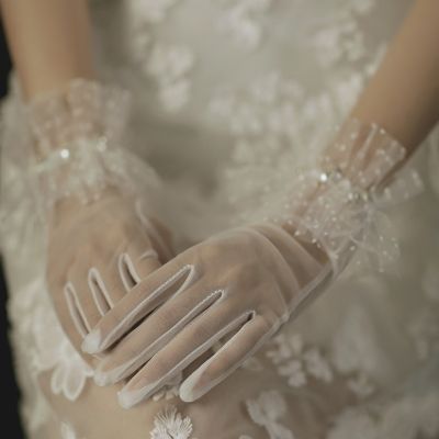 ◆✌ Women White Wedding Bridal Short Gloves Full Finger See Through Wrist Length Costume Prom Party Solid Color
