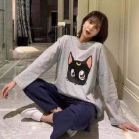 HOUZHOU Pajama Set Women Loungewear Moon Cat Cartoon Printing Pijamas Kwaii Cute Long Sleeved Trousers Round Neck Pyjamas Autumn