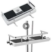 ﹍☏ Bathroom Shower Storage Rack Organizer Pole Shelves Shampoo Tray Stand Single Tier No Drilling Lifting Rod Shower Head Holder