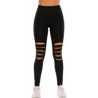 (HOT) European size printed leopard print tight ripped leggings womens high waist sports large new black elastic yoga women