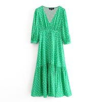 ZZOOI Tangada fashion women green dots print midi dress puff long sleeve ladies vintage summer dress vestidos 3H395