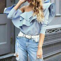 2023 Fashion Women Ladies Blue Striped Blouse Holiday Ruffles Frill One Shoulder Shirts Ladies Streetwear Casual Tops