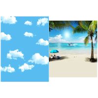 3X5Ft Blue Sky White Cloud Photography Backdrop Screen Background Studio Props &amp; 3X5Ft Summer Seaside Beach