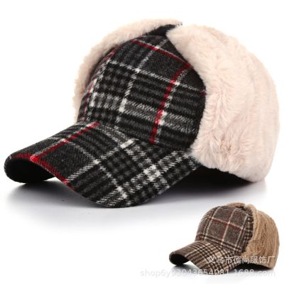 [COD] hat female Korean version of the trendy plaid duck tongue baseball cap Northeast outdoor riding ear protection skiing warm Lei