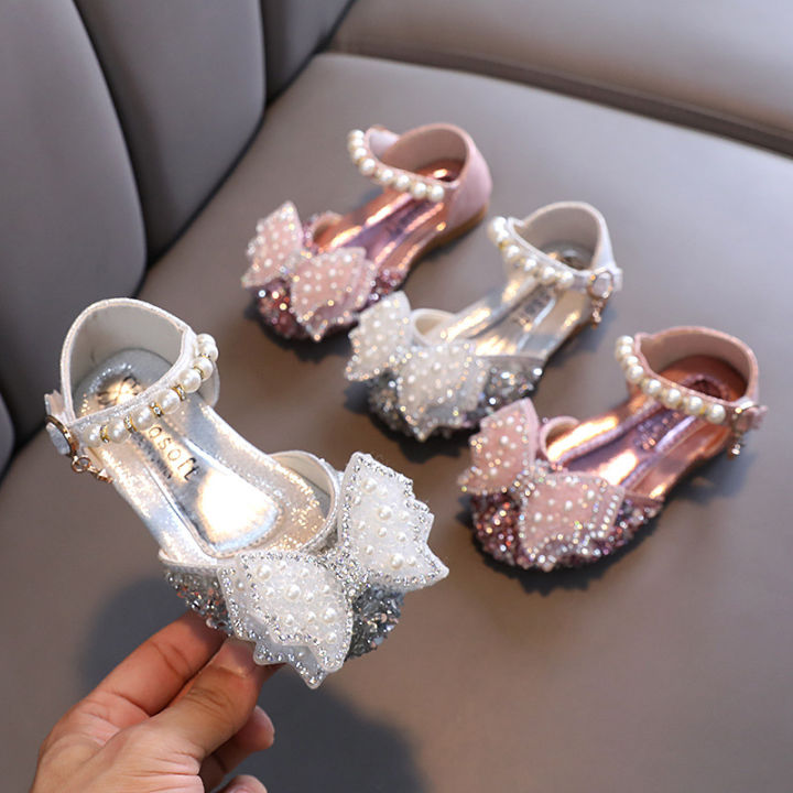 ulknn-kids-princess-girls-shoes-2022-children-new-girl-crystal-soft-bottom-sequined-single-flat-shoes-silver-leather-shoes