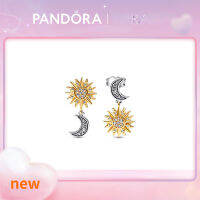 ต่างหูเงิน แพนดอร่า 925 แบบใหม่ที่มีลวดลายดวงอาทิตย์และดวงจันทร์ Creative Gift for Girlfriend  New Pandoraˉ Reversible 925 Silver Hoop Earrings with Sun and Moon Design