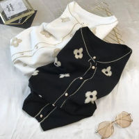 2021 Spring Autumn Knitted Cardigan Sweater New Loose Thin O-neck Bright Silk Embroidery Cardigan Jacket Black White Knitted Top