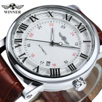 ZZOOI WINNER Casual Automatic Mechanical Mens Watches Top Brand Luxury Leather Strap 24-Hour Dial Luminous Hands Calendar Male Clock