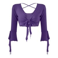 hot【DT】 V Neck 3/4 Sleeve Lace-up Crop Top Belly Cardigan Bolero Tango Costume Blouse Dancewear