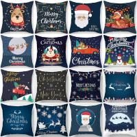 Blue Christmas Tree Deer Santa Pattern Cushion Cover Merry Christmas Pillowcase Tree Reindeer Stars Pillowcase