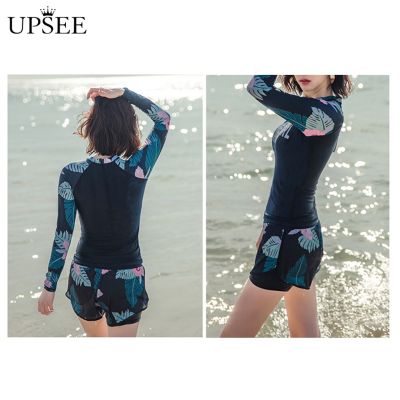 Swimsuit Conservative Long Sleeves Two-piece Floral Split Belly-covering Swimsuit for Swimming Pool