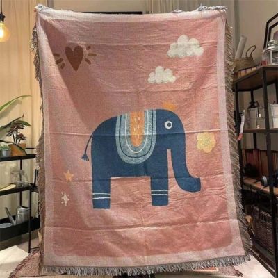 พรมแขวนผนังผ้าถักหนาสำหรับตกแต่งรูปช้างใต้เมฆแผ่นผ้าพิมพ์ลายตกแต่งบ้านผ้าปูที่นอนรูปการ์ตูนสีชมพู