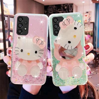 Hello Kitty โทรศัพท์ปลอกสำหรับ Samsung Galaxy A14 A13 A04 A04S A10 A10s M01s A20s A2 Core A20E A10E A70 A70s A80 A90ดาวแวววาว Bling กับกระจกแต่งหน้ากรณี