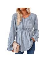 Women Long Sleeve Round Neck Pleated Solid Loose T-shirt Tops