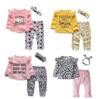 Cute Cotton Baby Girls Clothes Set Newborn Infant Letter Long Sleeve Tops and Casual Print Pants Headband Toddler Outfits