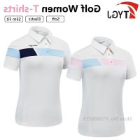 TTYGJ Summer Quick Dry Shirts for Women Breathable Golf T-shirts Female Short Sleeves Tops Patchwork Apparel Slim Fit Elastic Sports Wear Turn Down Collar Tee