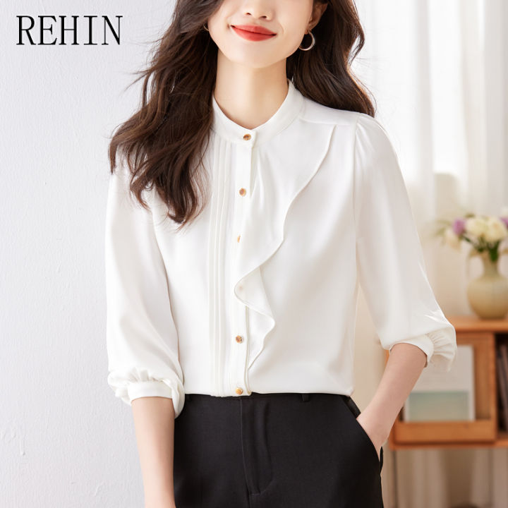 rehin-เสื้อชีฟองแขนยาวสีขาวเฉพาะกลุ่มดีไซน์ดั้งเดิมชุดทำงานเสื้อสตรีหรูหรา