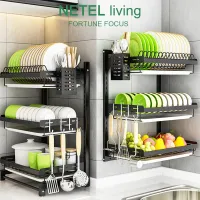 NETEL Kitchen Dish Rack Hanging Drying Dish Organizer Storage Shelf over the Sink,Junyuan 2/3 Tier Wall Mount Bowl Holder with Drain Tray,Stainless Steel & Black Coating