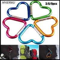 MYIERWU 3/6/9pcs ชุดเดินทาง อุปกรณ์ปีนเขา ที่แขวนขวดน้ำ คลิปพวงกุญแจ หัวเข็มขัดรูปหัวใจ คาราไบเนอร์อะลูมิเนียม ที่เกี่ยวพวงกุญแจ