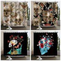 Sugar Skull Shower Curtain Mushroom Floral Gothic Halloween Bathroom Decor Goth Skeleton Spooky Vintage Artwork Bath Accessories