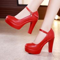 Sexy Women Leather Red Round Toe High Heels Mary Jane Pumps Female Thick Platform Big Size Ladies Wedding Shoes Bridal A0025