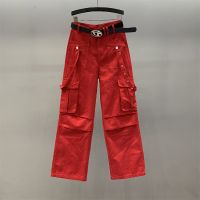 【มีสินค้า พร้อมส่ง】2023 New American Red Work Suit Casual Jeans Womens Autumn High Waist Slim Straight Leg Wide Leg Floor Dragging Pants