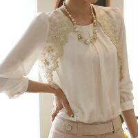 Women Loose Chiffon Blouse Feminine Lace Embroidery Patchwork O-neck Shirt Female Long Sleeve Office Tops Plus Size 5XL