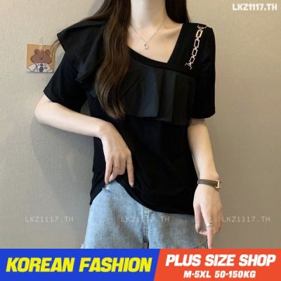 ∈ Plus size เสื้อผ้าสาวอวบ❤ เสื้อยืดสาวอวบอ้วน ไซส์ใหญ่ ผู้หญิง ทรงหลวม แขนสั้น คอวี สีดำ ฤดูร้อน สไตล์เกาหลีแฟชั่น