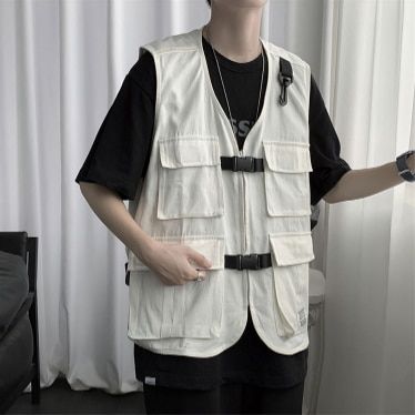 2022 Mens Fashion Tooling Vest Men Streetwear Cargo Vest Hip Hop Sleeveless Jacket Gilet Military Multi-Pocket Outdoors Jacket