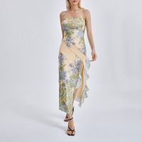 ✴ []-Women Tube Dress Floral Print Strapless Ruffles Slit Backless Cocktail Summer Party Club Long Dress