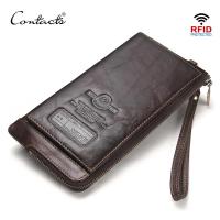 ZZOOI CONTACTS Wristlet Bag Genuine Leather RFID Cellphone Wallet Mens Clutch Wallets Men Credit Card Holder Male Long Purse Zipper