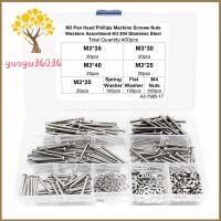 GUOGU 400pcs หัวกระทะ สกรูสำหรับเครื่องจักร M3 x 20มม./25มม./30มม./35มม./40มม 304สแตนเลสสตีล น็อต M3 สลักเกลียว M3 Phillips เครื่องซักผ้าสปริง ผลิตภัณฑ์อิเล็กทรอนิกส์ซ่อมแซมเฟอร์นิเจอร์งานไม้และโครงการ DIY