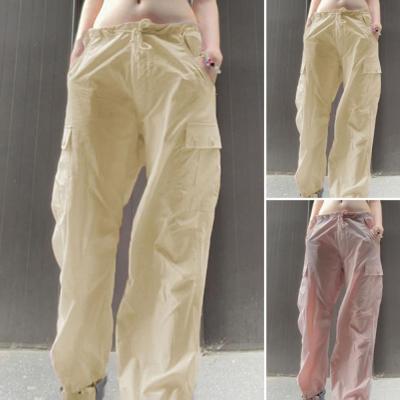 2022 Casual Elastic Waist Drawstring Solid Color Cargo Pants Multi Pockets Loose Sports Pants Slacks Female Clothing