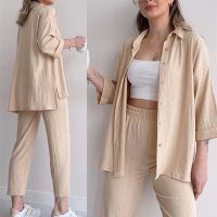 Solid Women Pajamas Two Pieces Set Long Sleeve Button Shirt Loose Wide Leg Trouser Sleepwear Suit Outfits Ladies Sporty Suits