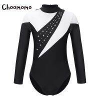 ♨○▲ Choomomo Kids Girls 6 16 Stylish Long Sleeve Round Collar Dance Leotards with Shiny Rhinestone Decorated Contrast Color Bodysuit