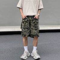 Streetwear Ragged Cut Camouflage Ripped Denim Shorts Mens Summer Distressed Baggy Camo Jeans Shorts Hip Hop Straight Torn Jeans