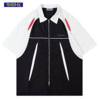 2023 Hip Hop Streetwear Contrast Paneled Design เสื้อแขนสั้น Mens Zipper Cardigan หลวมฤดูร้อน Casual Lapel เสื้อ Men